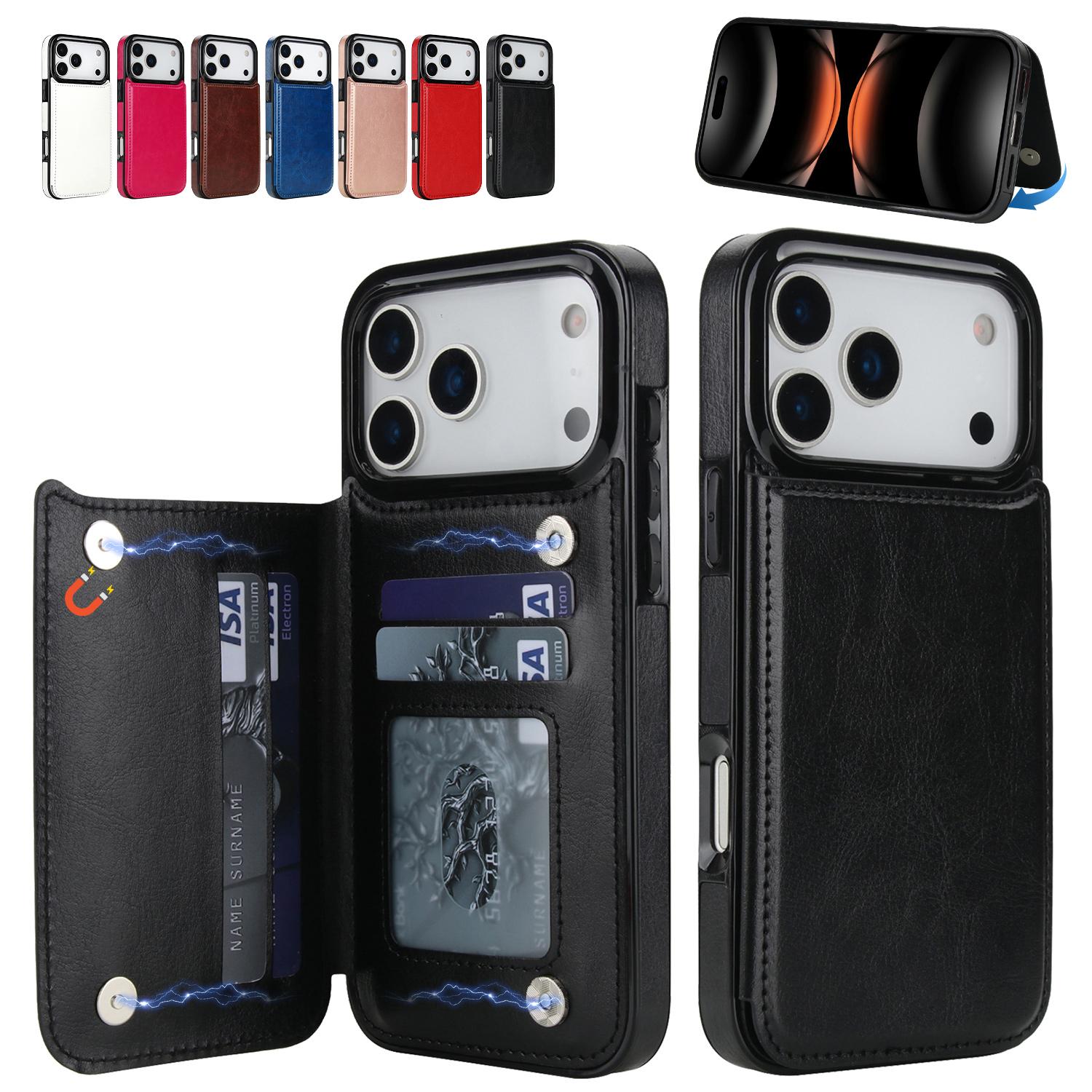 OREKROY Wallet Case with Card Holder For iPhone 16 17 15 14 13 12 Pro Max ,PU Leather Kickstand Card Slots Case Double Magnetic Clasp and Durable Shockproof Phone Cover Back Card Wallet