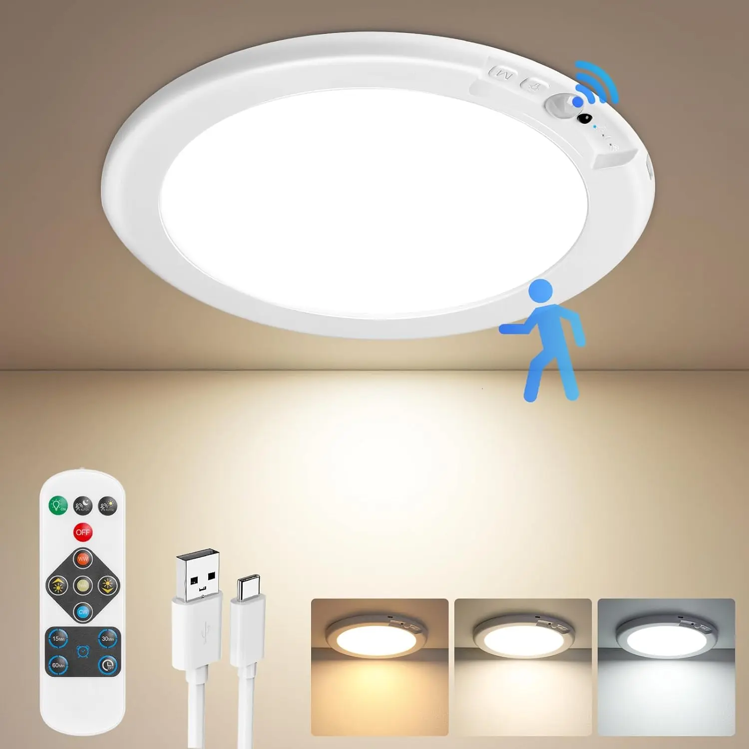 Rechargeable Motion Sensor Ceiling Light with Remote,Magnetic Wireless Ceiling Light Battery Powered,3 Colors Dimmable Indoor Overhead Lamp for Closet Shower Pantry Shed Hallway