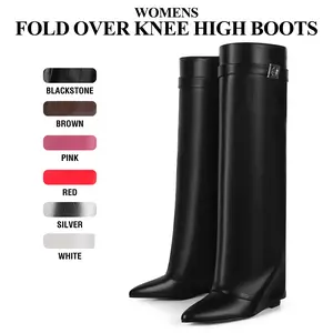 CYNLLIO Fold Over Knee High Boots for Women Wedge Heel Almond Toe Shark Boots Wide Calf Pull-on Spring Fashion Boots Gift for Her