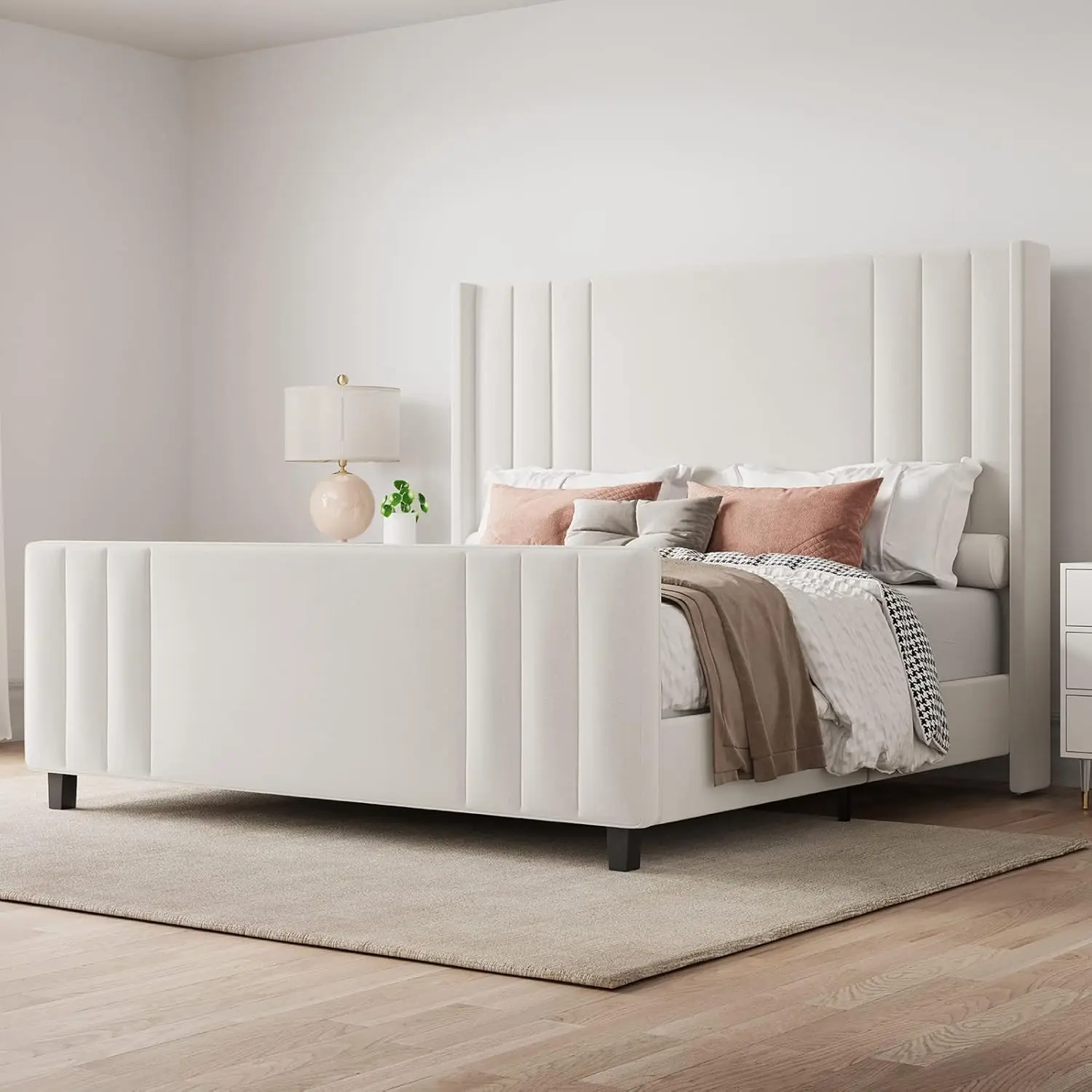 AMERLIFE Upholstered Bed with Vertical Channel Tufted Wingback Headboard & Footboard, Premium Velvet,No Box Spring Needed/Cool Furniture Bedroom/Queen/King Size/Best Gift Ideas/Christmas Gifts[tiktokshopbacktoschool][SohoChic]
