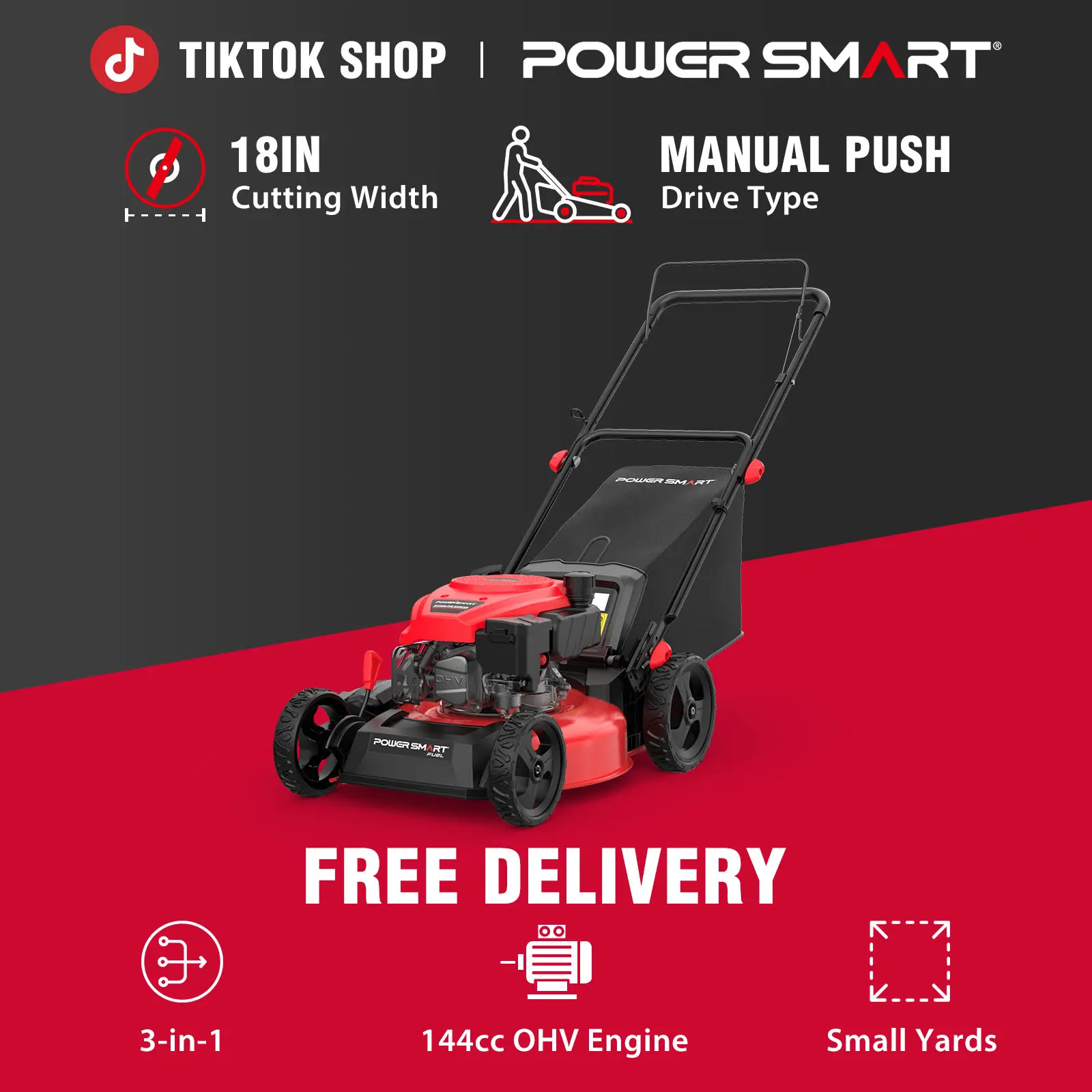 PowerSmart Gas Powered Walk-Behind Adjustable Height Mower (Models DV8618C/DV8618P(Z)) - 18-Inch 2-in-1 144cc Gas Lawn Mower(DV8618C), 3-in-1 Mode, Steel Deck, Rear Bag, 6-Position Height Adjustment, 1/4 Acre Coverage, Garden Lawn Care Equipment, 18" Wide