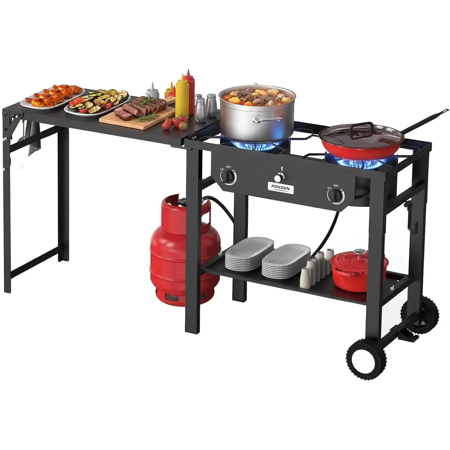 ROVSUN 2/3 Burner Outdoor Propane Gas Stove with Foldable Work Station, Auto-ignition & Regulator, Powerful Camping Burner with Portable Wheels for Backyard Patio Cooking Brewing Frying