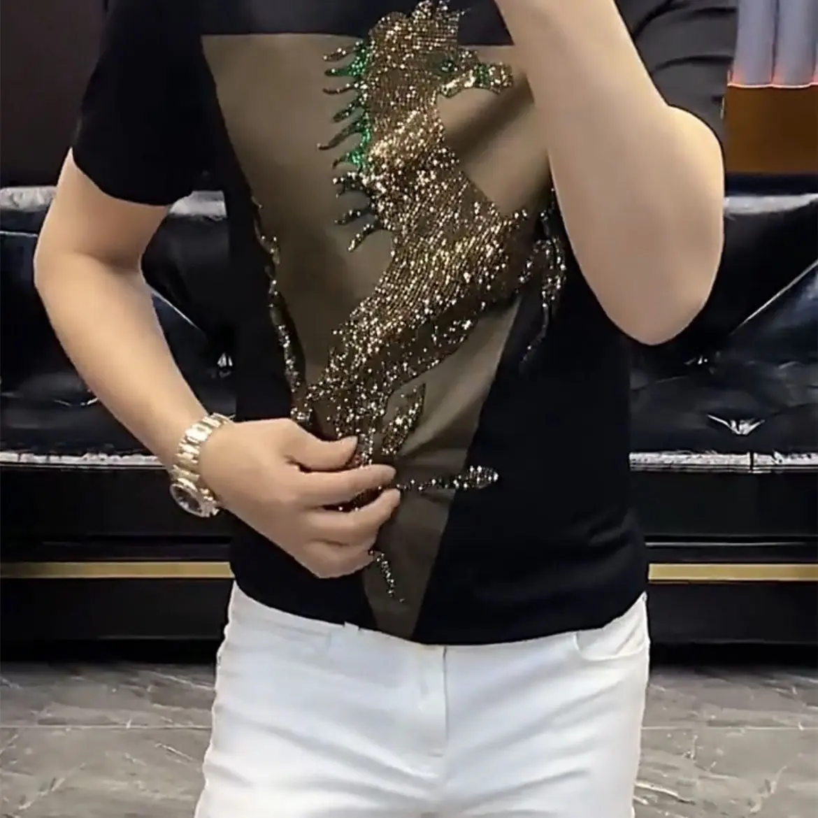 Men's Slim-Fit Short-Sleeve Rhinestone-Embellished Tshirt - Black Premium Version, Elegant Casual Menswear Summer Top