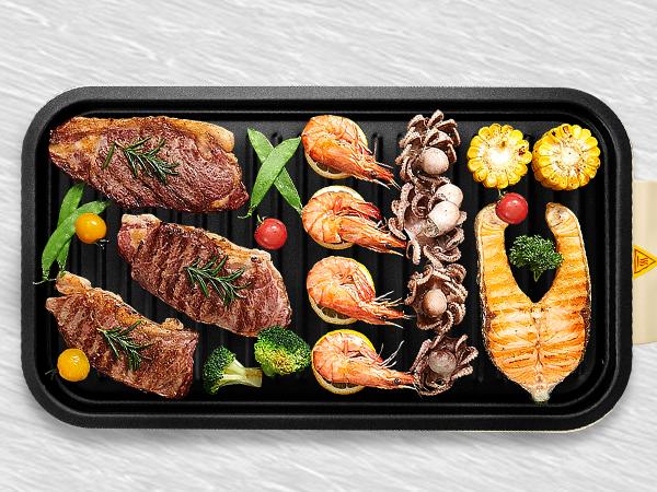 Pukomc ProGrill 2-in-1 Electric Grill | Reversible Grill/Griddle Plate, 1500W Dual-Zone Temp Control, Detachable & Dishwasher Safe, Stainless Steel + Oil Drip Tray
