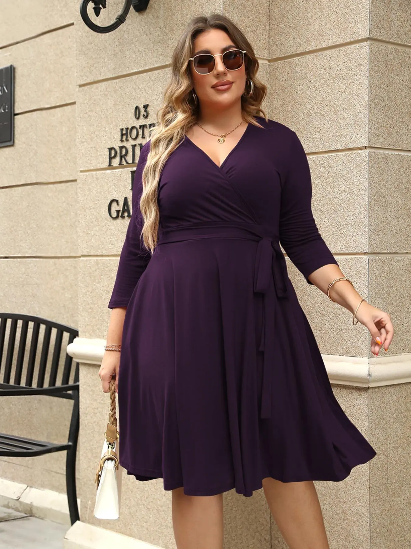 [Plus Size]Trendy Minimalist Plain Wrap V Neck Belted A Line Plus Size Dress, Women's 3/4 Length Sleeve Solid Dress, Casual Wear Fall Outfit, Casual Dresses
