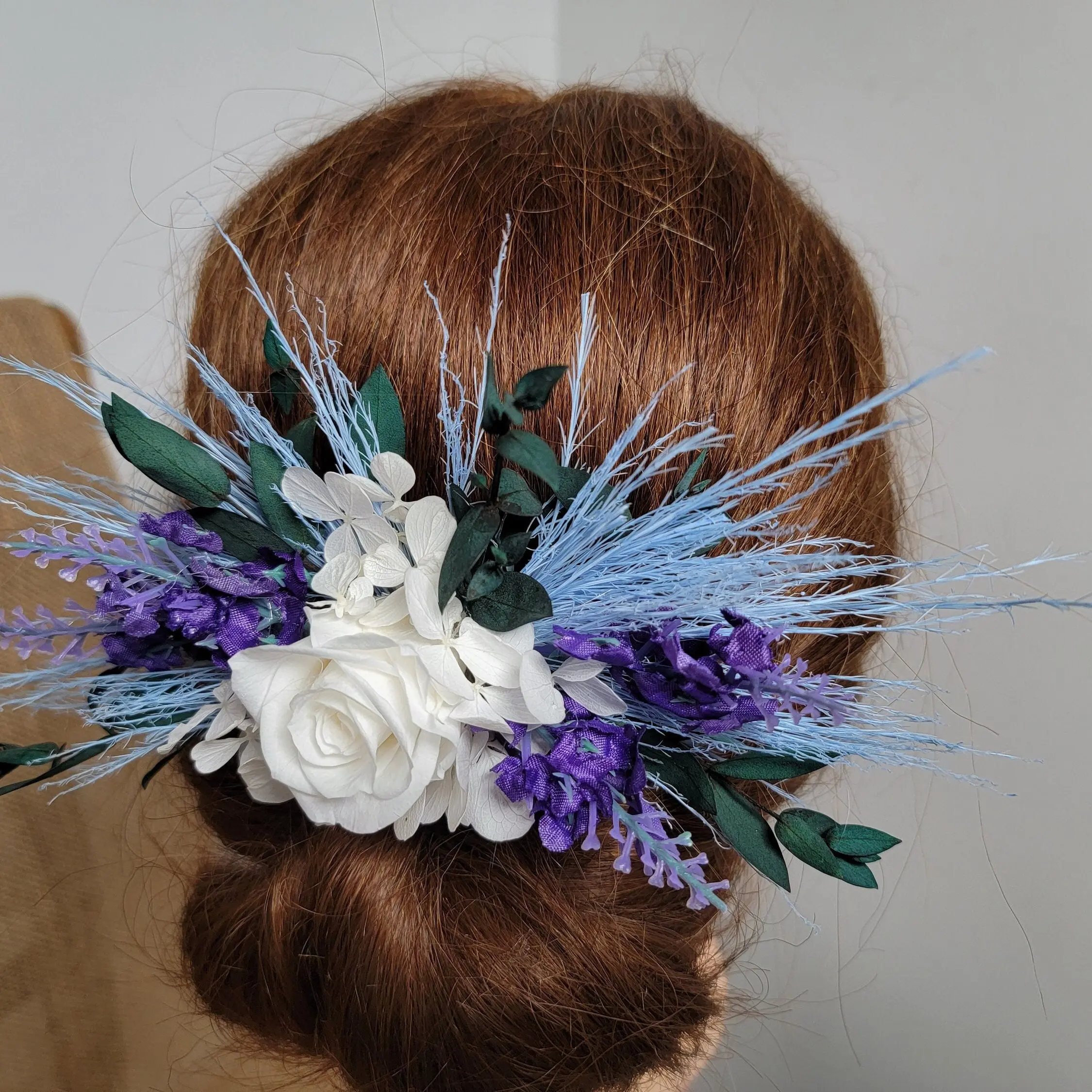 Dried  Rose and bleached Hydrangea, Preseved Flower Hair Comb,Fall,Rustic Wedding, Floral Comb, Clip, Corsage,Prom,White, Purple, Summer 8oz