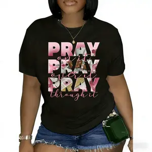 Plus Size Women's Casual T-Shirt with "Pray On It Pray Over It Pray Through It" Inspirational Quote & Floral Lettering - White Round Neck Short Sleeve Top for Spring Summer Fall, Ladies T Shirts, Everyday Comfort, Relaxed Fit Tee,