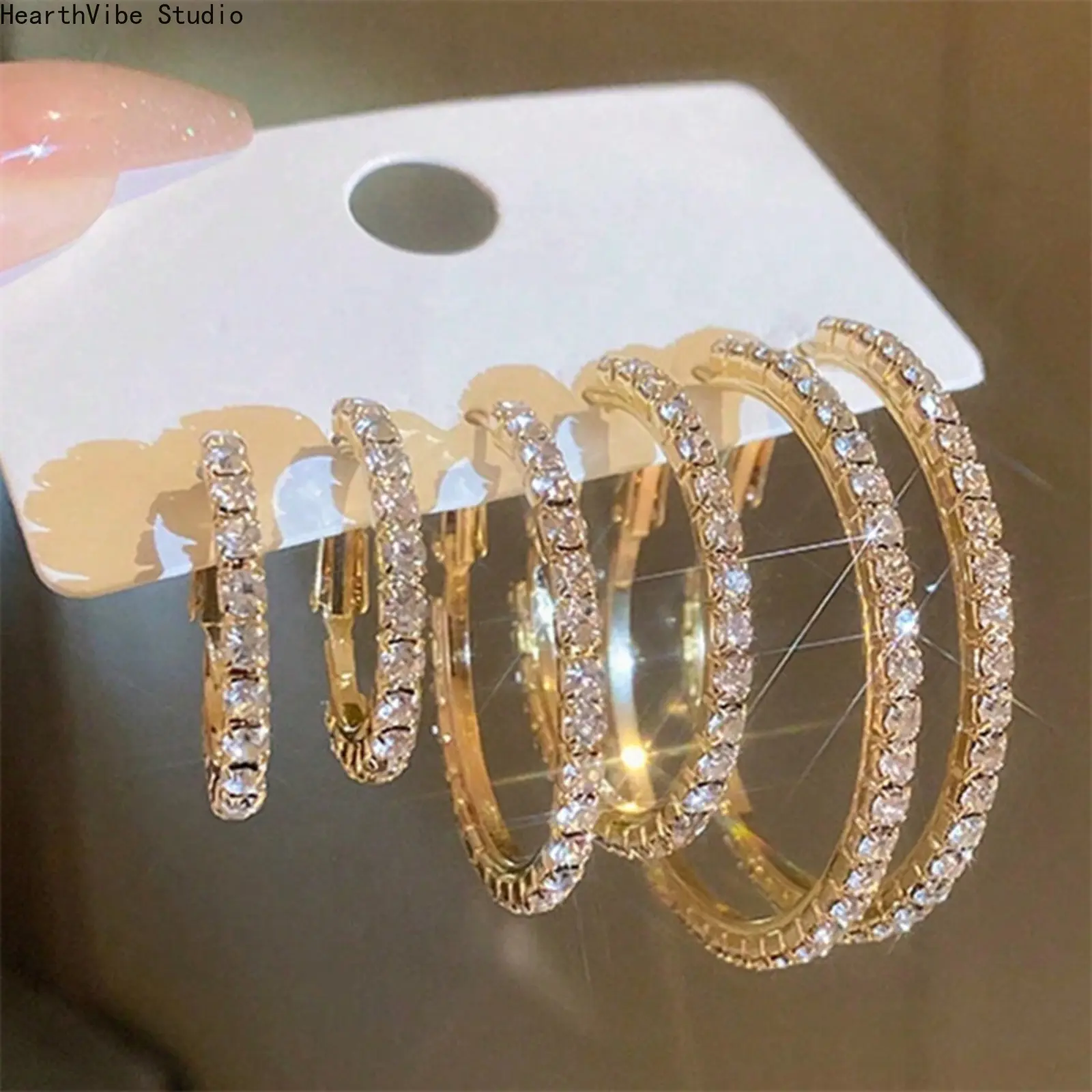 Women's 3-Pair Gold AAAAA+ Rhinestone Hoop Shape Earrings Set - Multi-Size Iced-Out Circle Earrings Pack, Hypoallergenic Boho Ear Stacking Accessories for Women for Graduation Parties, Gold Hoops, Stackable Earrings