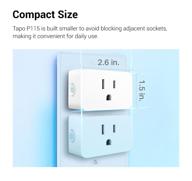 TP-Link & Tapo P115 (4-Pack) – Mini Wi-Fi Smart Plug with Energy Monitoring | 15 A / 1,800 W | Works with Alexa, Google Home & Samsung SmartThings | Remote & Voice Control | Timer / Schedule / Away Mode | ETL Certified | 2.4 GHz Only