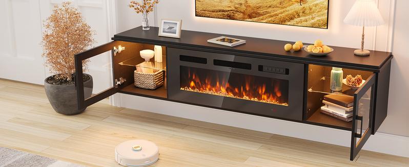 【Ships 2 Packages】oneinmil 70" Floating TV Stand with 36" Electric Fireplace, High Gloss Finish Wall Mounted Fireplace Entertainment Center with Storage for TVs Up to 80", Black TV Stand and Black Fireplace
