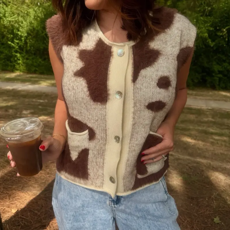 Sleeveless Cow Print Sweater Vest Cardigan with Button Front and Pockets for Women's Fashion