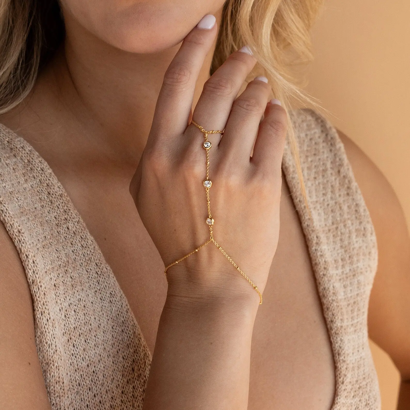 Diamond Bezel Hand Chain by Caitlyn Minimalist - Dainty Cubic Zirconia Crystal Hand Chain Bracelet - Summer Jewelry - Gift for Her