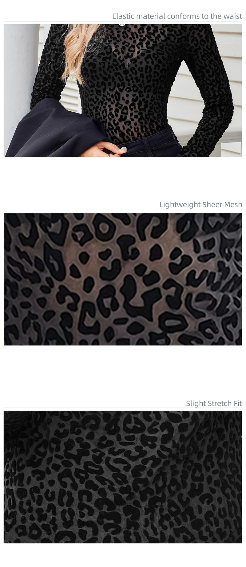 Chicovar Womens LeopardPrint Mock Neck Mesh Top, SexySheer Tshirt, Non-itchy Lace Shirt,Elegant Long Sleeve Shirt for AllSeasons, ldeal for Night Out,Holidays, Party, Concert