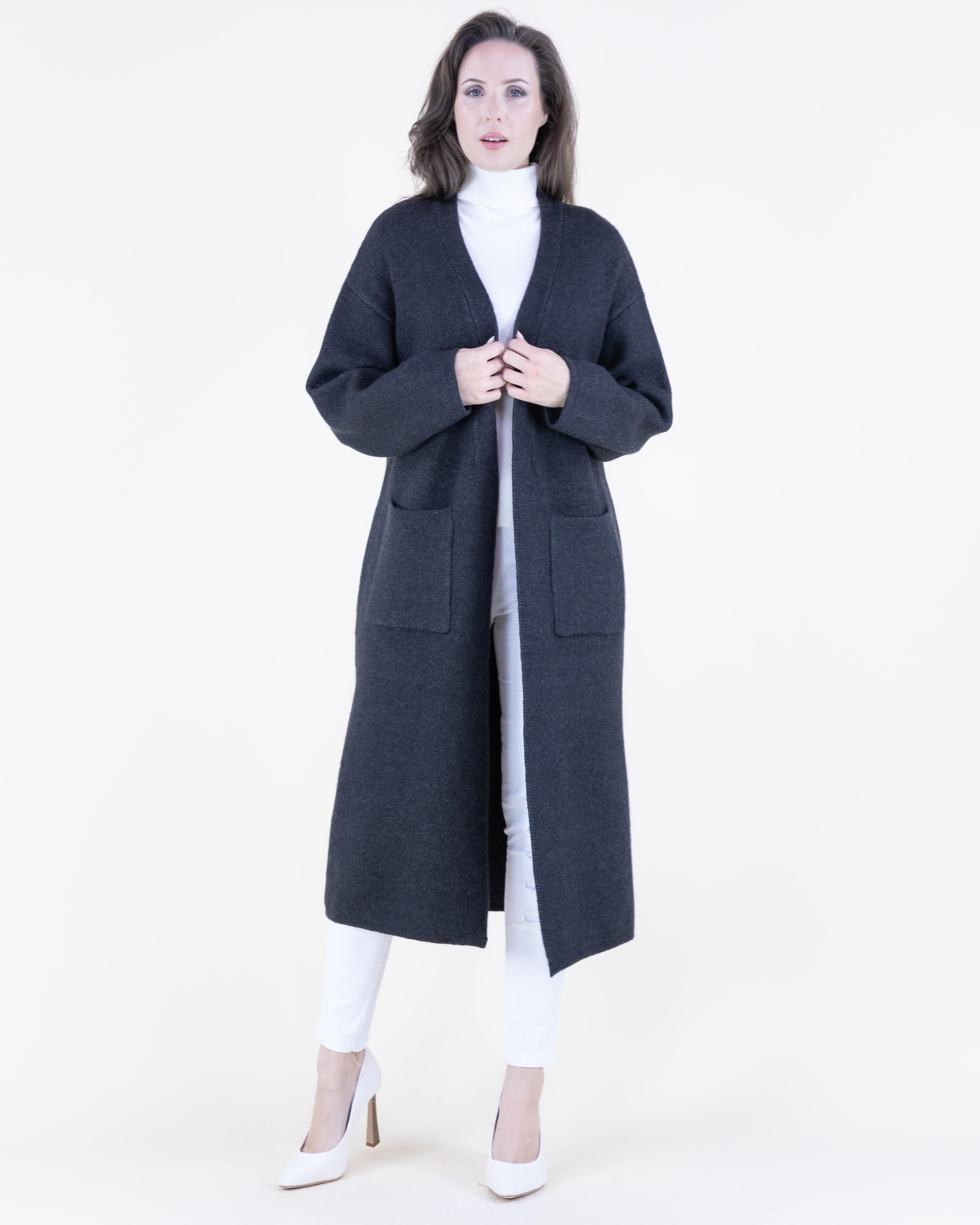 Classic Long Coatigan with Front Pockets - Soft Knit Blend for Warmth & High-Quality Look - Open Front Design - Two Large Pockets - Knee-Length Silhouette - Full-Length Sleeves - Ideal for Casual Outings & Layering - Available in Khaki, Black, White Classic Long Coatigan with Front Pockets - Soft Knit Blend for Warmth & High-Quality Look - Open Front Design - Two Large Pockets - Knee-Length Silhouette - Full-Length Sleeves - Ideal for Casual Outings & Layering - Available in Khaki, Black, White