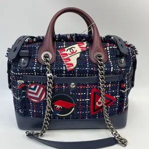 Pre-owned CHANEL Tweed Shoulder Bags Airport Boston Bag Patchwork Medium (Navy Blue （BF12）