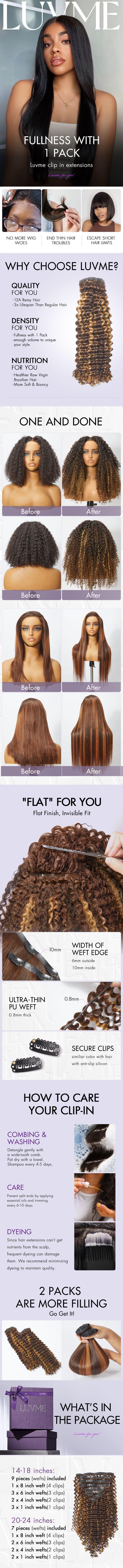 LUVME 100% Virgin Human Hair Extensions Seamless & Invisible Edge Straight, Body Wave, Kinky Curly, Yaki Straight, Messy Burmese Curl Clip-In