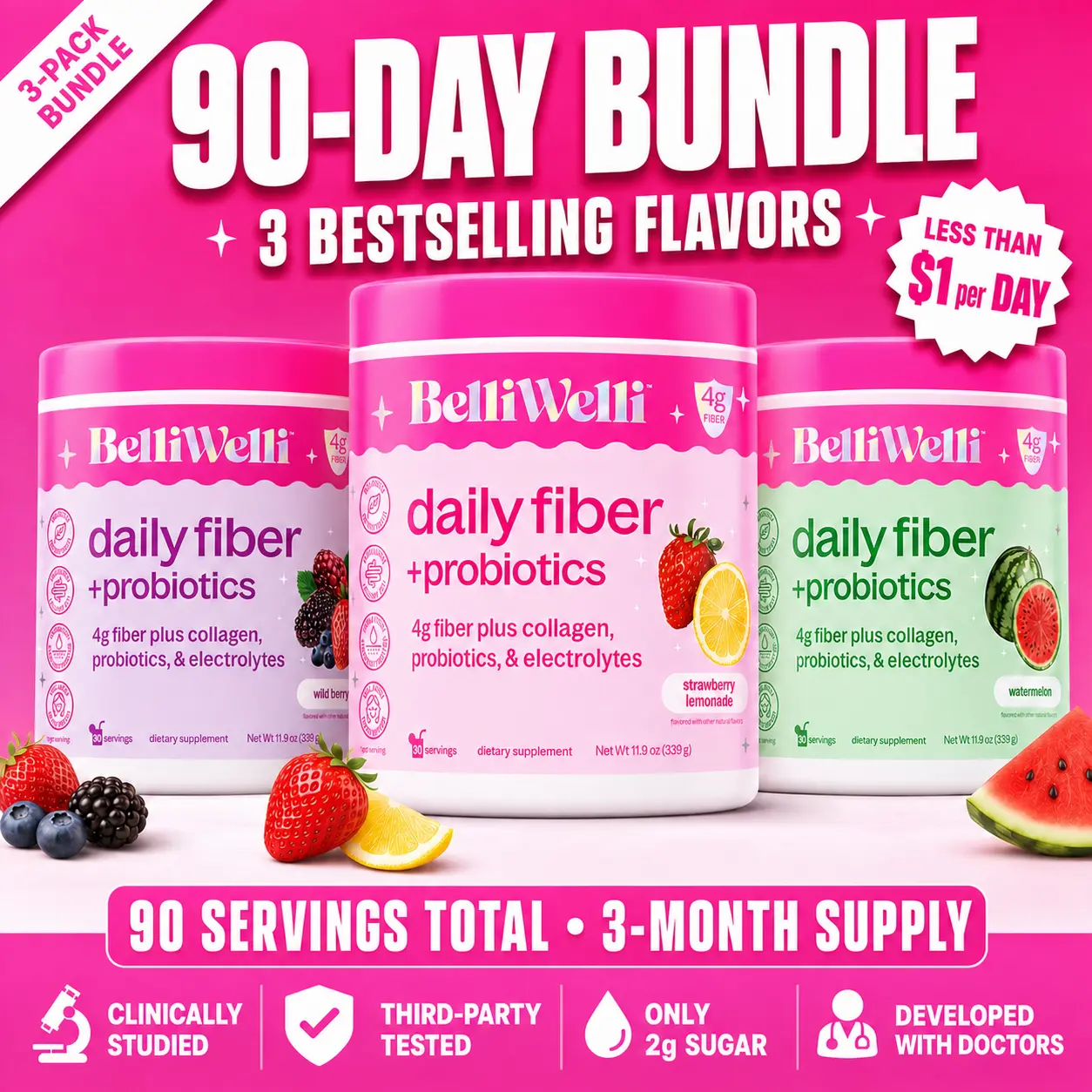 Special 90 day Bundle - BelliWelli Daily Fiber + Probiotics + Collagen Fitness Supplement