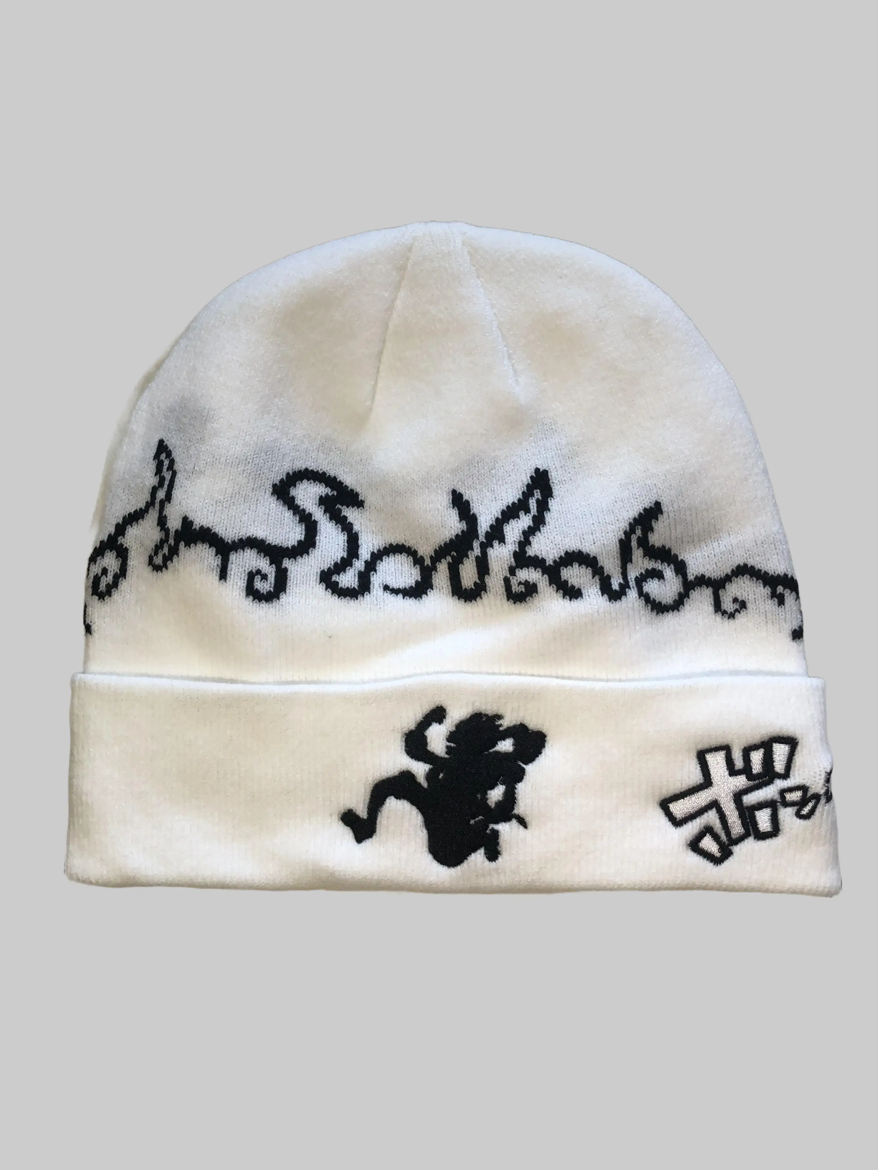 White Awakened Cloud Satin Lined Beanie - Anime Inspired Streetwear Winter Caps for men and Women, Cuffed Beanies, Embroidered Designs Embroidery Hat Graphic Hats