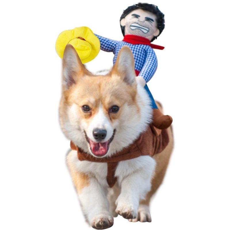 Funny Cowboy Rider Dog Costume Halloween Pet Outfit with Doll Saddle Adjustable Strap Cosplay Apparel for Small Medium Large Dogs Party Dress Up