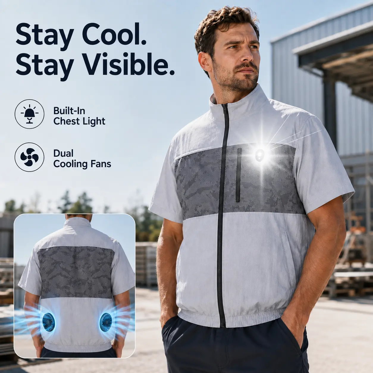 Men’s Cooling Work Shirt - 2 Fans, LED Light, Breathable Water-Resistant, Breathable Sports Style, Lightweight, Machine Washable, Athletic Active Top, Short Sleeve, Unisex Wear, Power Bank Included for Hot Weather Outdoor Work & Outdoor Fishing
