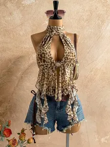 EVO x Soleia Women's Vacation Sexy Leopard Print Scarf Backless Bow Tie Strap Flowy Hem Blouse