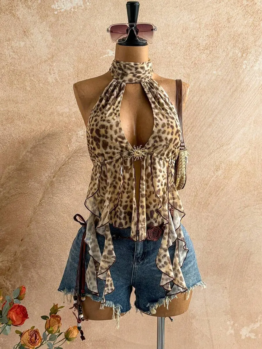 EVO x Soleia Women's Vacation Sexy Leopard Print Scarf Backless Bow Tie Strap Flowy Hem Blouse