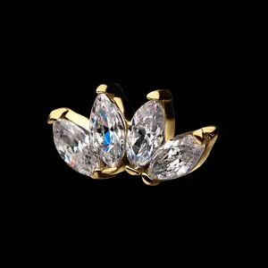 14Kt Gold Threadless with 4 Marquise Clear CZ Flatback Stud Earring