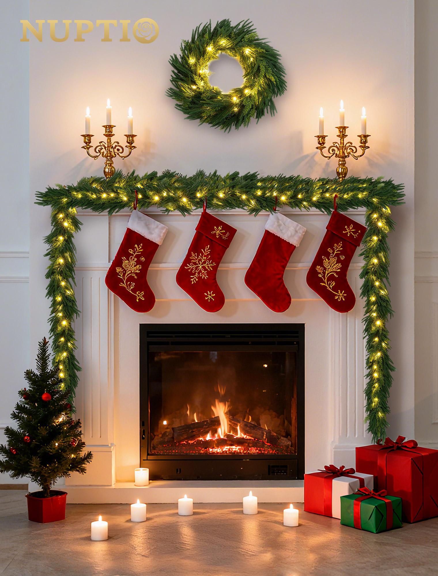 6Ft Christmas Norfolk Pine Garland Artificial Pre-Lit Garland with Lights for Mantle Fireplace Table Stair Real Touch Greenery Decorations DIY for Front Door Wall Window