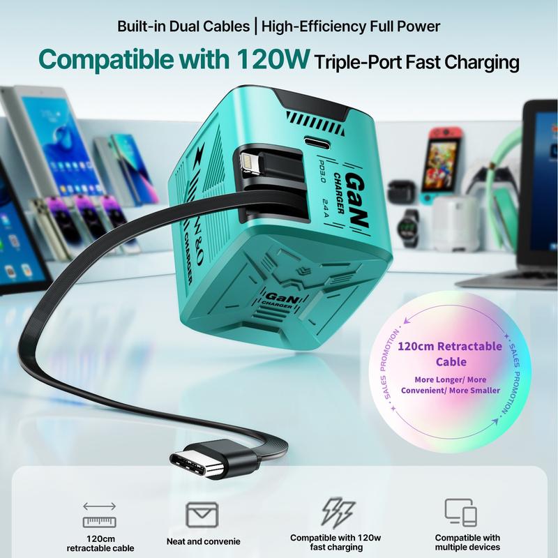 GaN Charger Compatible with 120W Fast Charger with Retractable Type-c and Lighting Cable,Protable Adaptor for iPhone 16, iPad, MacBook, Multi-Device Fast Charging, Folding Charging Cellphone Electronic