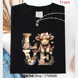 Highland Cow & Floral Horseshoe Bow Tee: Perfect Gift for Farm Lovers