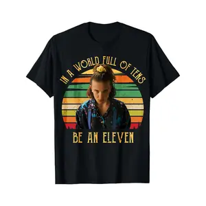 🥇 T-Shirt Black Eleven Stranger Things Character With Rainbow Background And Text In A World Full Of Tens Be An Eleven Casual Wear For Fans