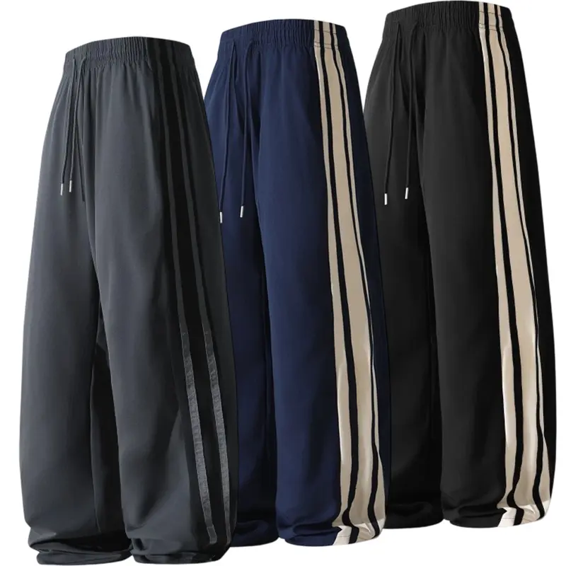 Men's Side Stripe Loose-Fit Track Pants - Lightweight Drawstring Athletic Sweatpants for Running, Gym, Mens Clothing, Baggy Sweatpants, Gray Side Stripes Men's Pants, Comfy Men's Pants
