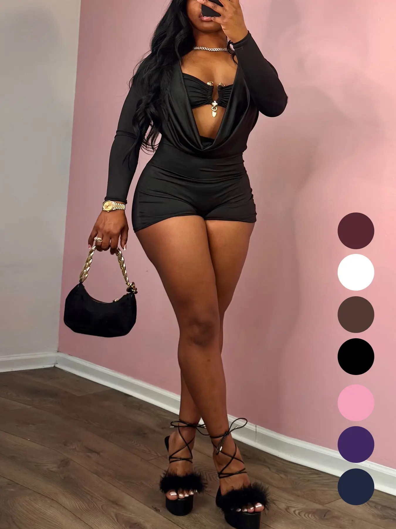Women's 2 in 1 Draped Design Romper, Casual Thigh Fitted Long Sleeve Skinny Romper for Daily Wear, Ladies Clothes for Spring & Fall, Womenswear