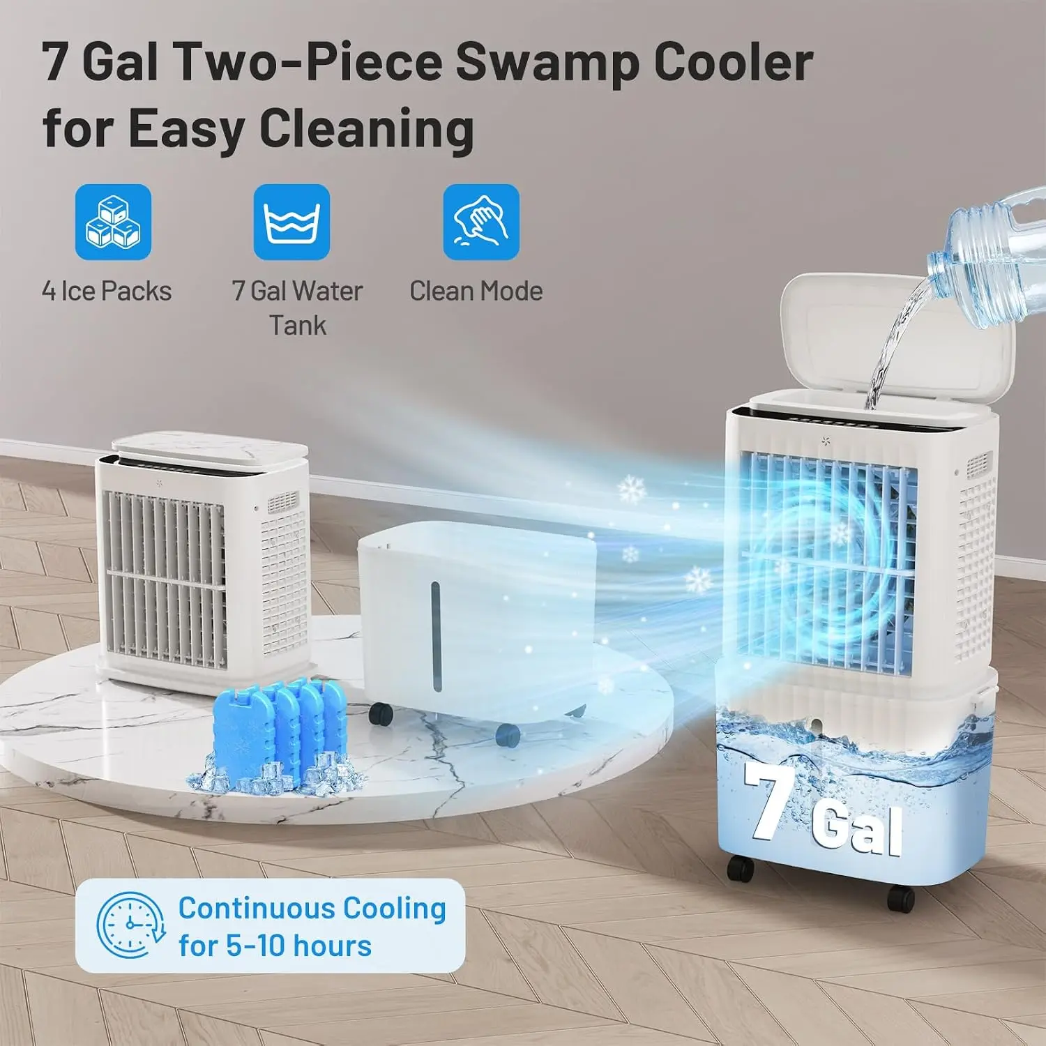 VCJ JD-801GL 2800CFM Portable Evaporative Air Cooler - 3-IN-1 Windowless Swamp Cooler with 7Gal Tank, 120° Oscillates, 12H Timer, 4 Ice Packs for Home, Office, Oscillates 120°