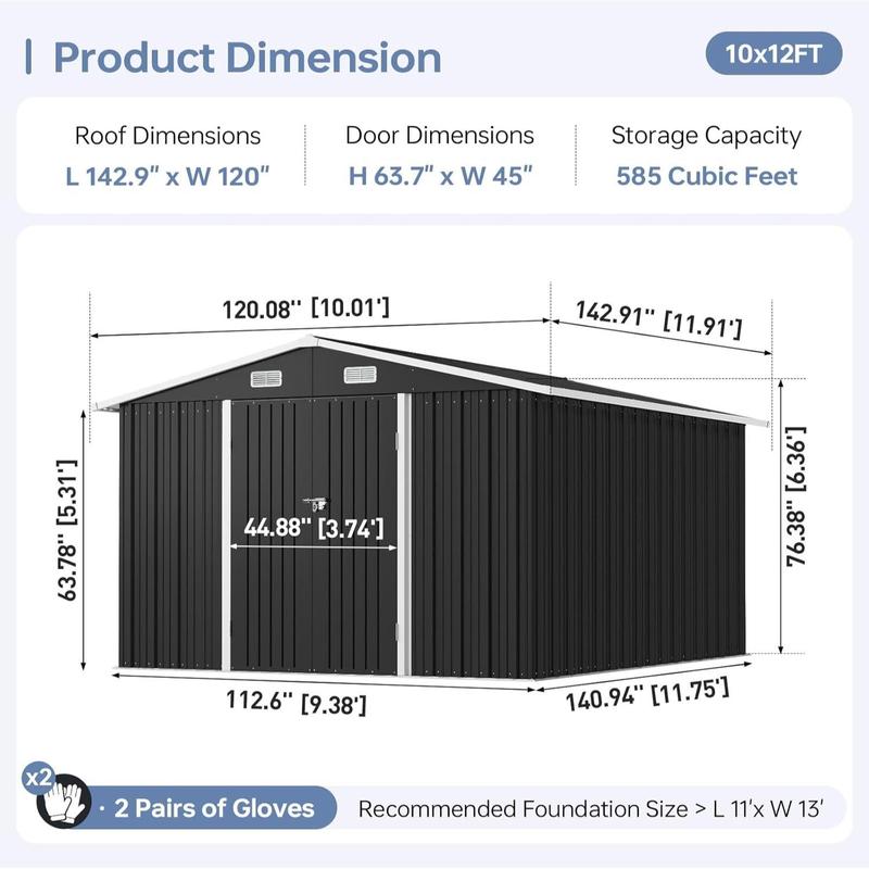 Aoxun 4x6FT/ 8x10FT /10x12FTOutdoor Storage Shed, Double Hinged Lockable Doors, Galvanized Steel Waterproof Heavy Duty Garden Shed for Backyard, Patio, Lawn