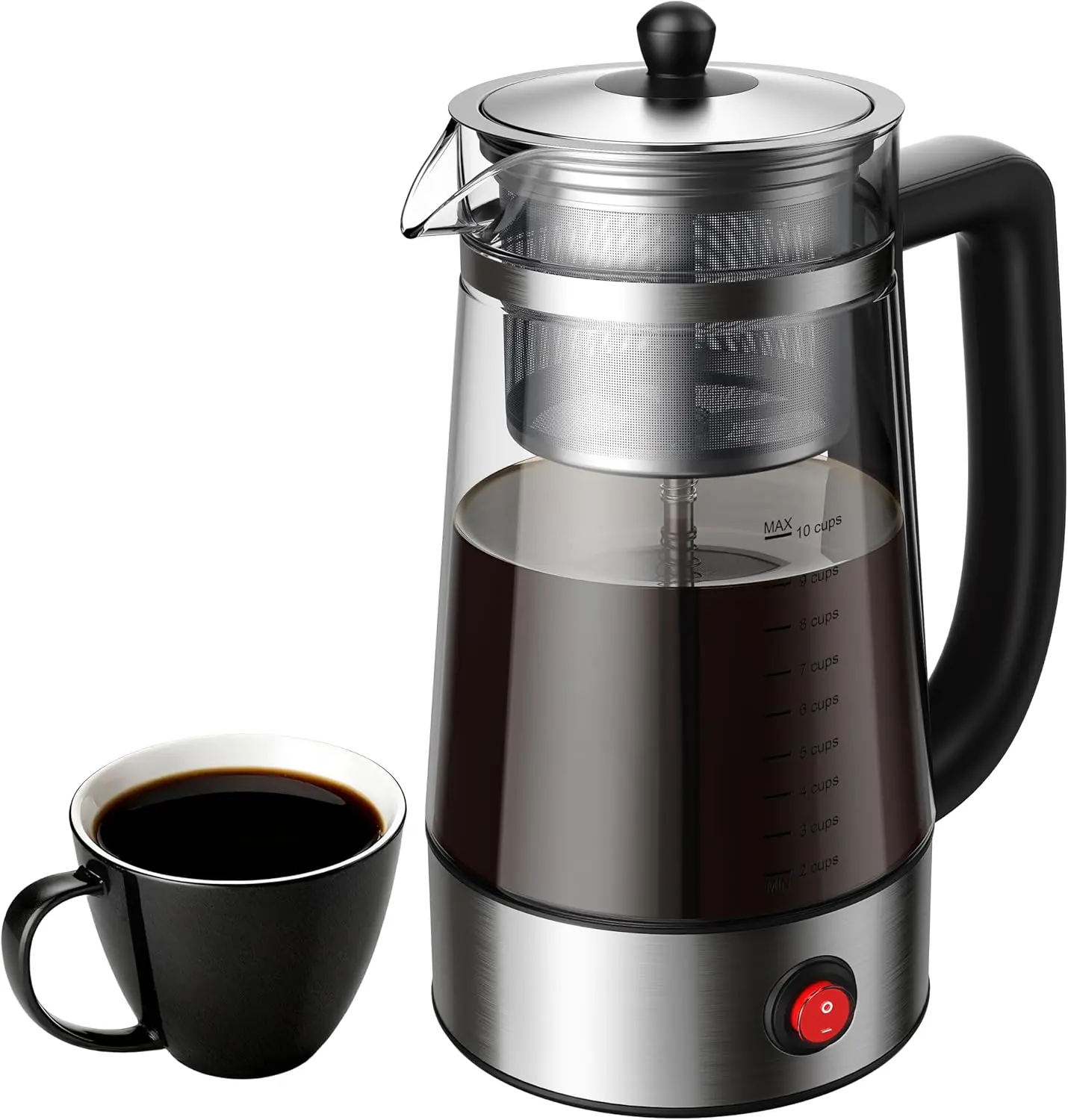 KIDISLE 10-Cup Plug Powered Filtered Stovetop Electric Percolator Coffee Brewer - Borosilicate Glass Carafe, Stainless Steel Filter Basket, Lid, 1000W, 9-11 Cups Capacity, Auto Keep-Warm Cycle, Food-Grade Materials, Visual Control Over Brewing Cycle