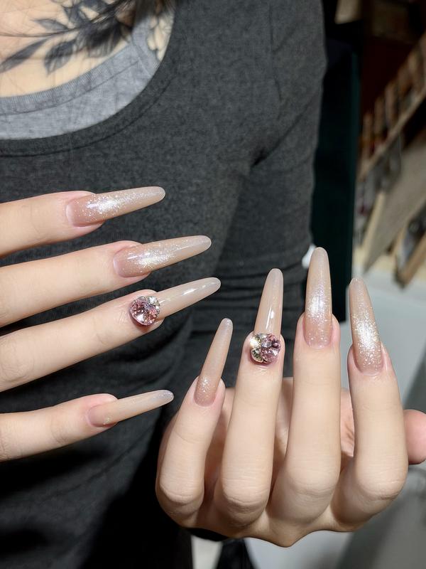 Pink Rhinestone Ball Press-On Nails | Reusable, Easy On & Off, DIY at Home, Includes Tool Kit