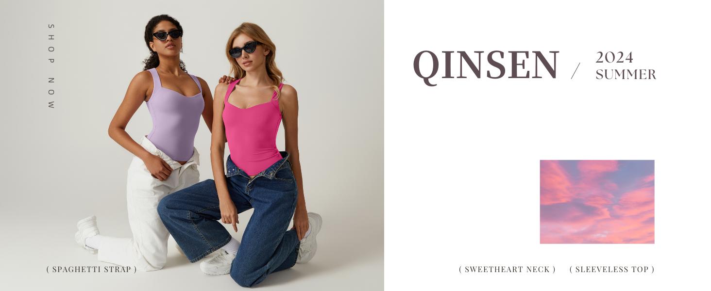 QINSEN Women's Sexy Sweetheart Neck Sleeveless T Shirts Double Lined Tees Slimming Fit Tops Basic Comfort