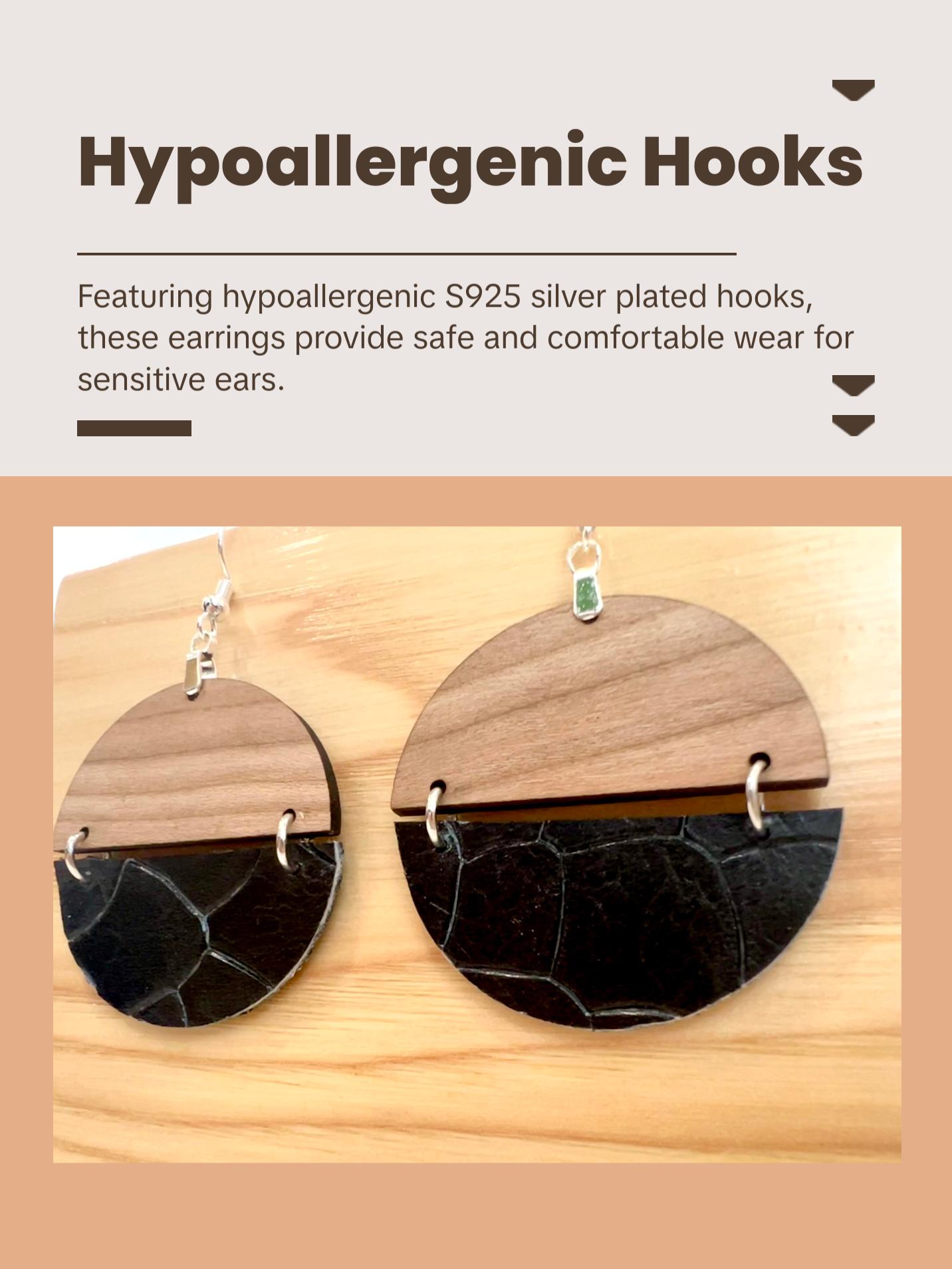 Black Dragon Scale Genuine Leather and Cherry Earrings Silver S925 clamp style hooks