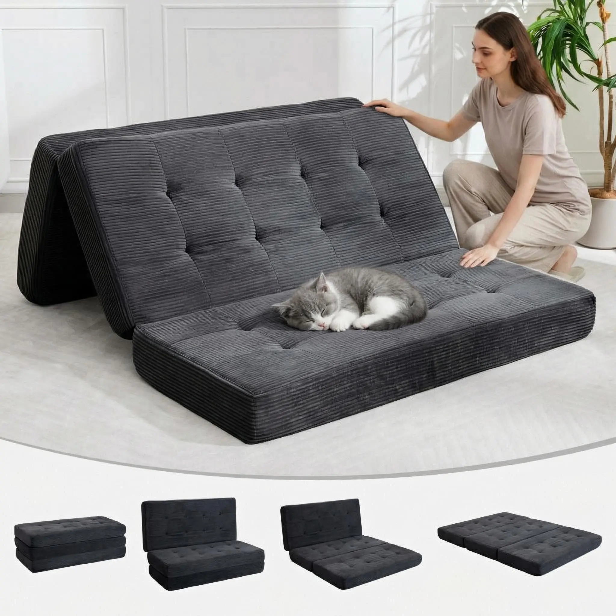Garvee 6-Inch Tri-Fold Mattress Sofa Bed with High-Density Foam and Tufted Corduroy Fabric, Portable and Foldable Floor Bed for Camping, Dorm, Living Room, Guest Use, Available in Black, Grey, Green, Size 75" x 54.3"