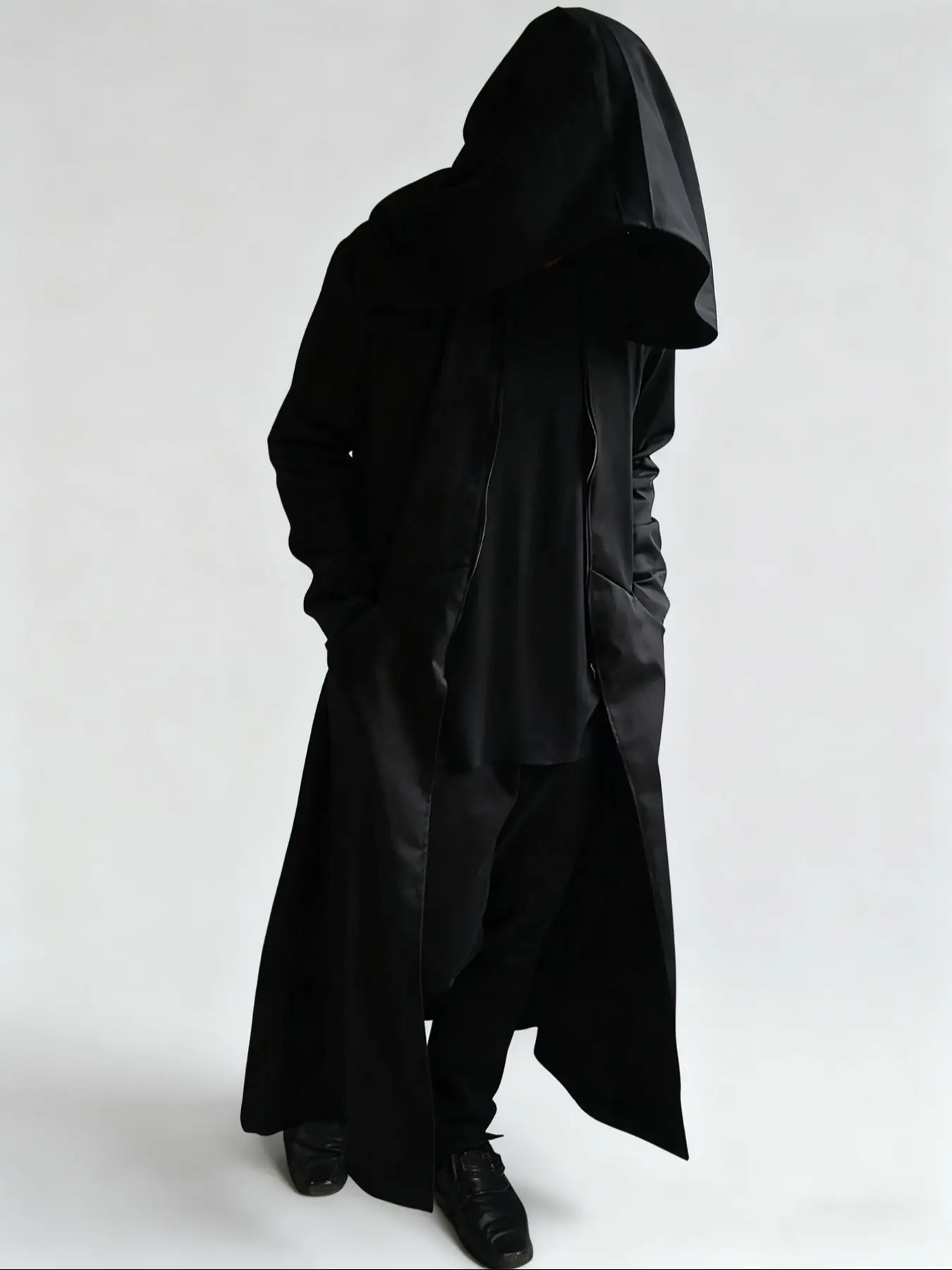 Men's Gothic Hooded Trench Coat – Black Oversized Robe for Cosplay, Halloween, Costumes, Dark Aesthetic & Streetwear