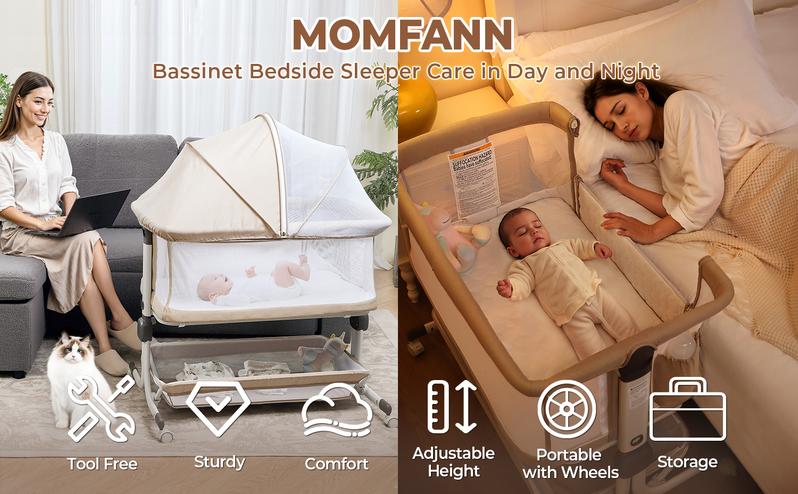 Momfann Baby Bassinet Bedside Sleeper, Upgraded Stability Bedside Crib with Full Mesh Sides, Soft Sheet, 6-Height Adjustment, Storage Basket, Easy Folding Portable Bassinet for Newborns, Oatmeal