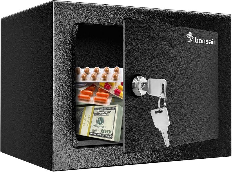 Bonsaii Steel Construction Safe Box with Key Lock, 0.22 Cubic Feet Small Hidden Safe for Home – Secure Money,Cash, and Jewelry (6.69” x 9.06” x 6.69”)