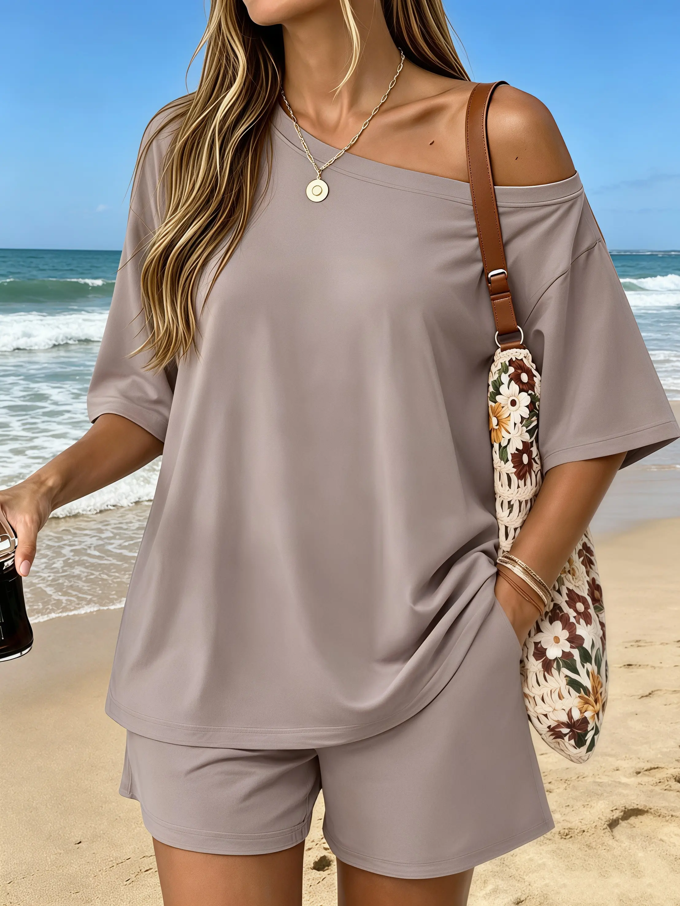 Women's 2-Piece Cotton Loungewear Set - Breathable Short-Sleeve Blouse, High-Waist Culottes, Elastic Stretchy Fabric, Comfortable Summer Outfit