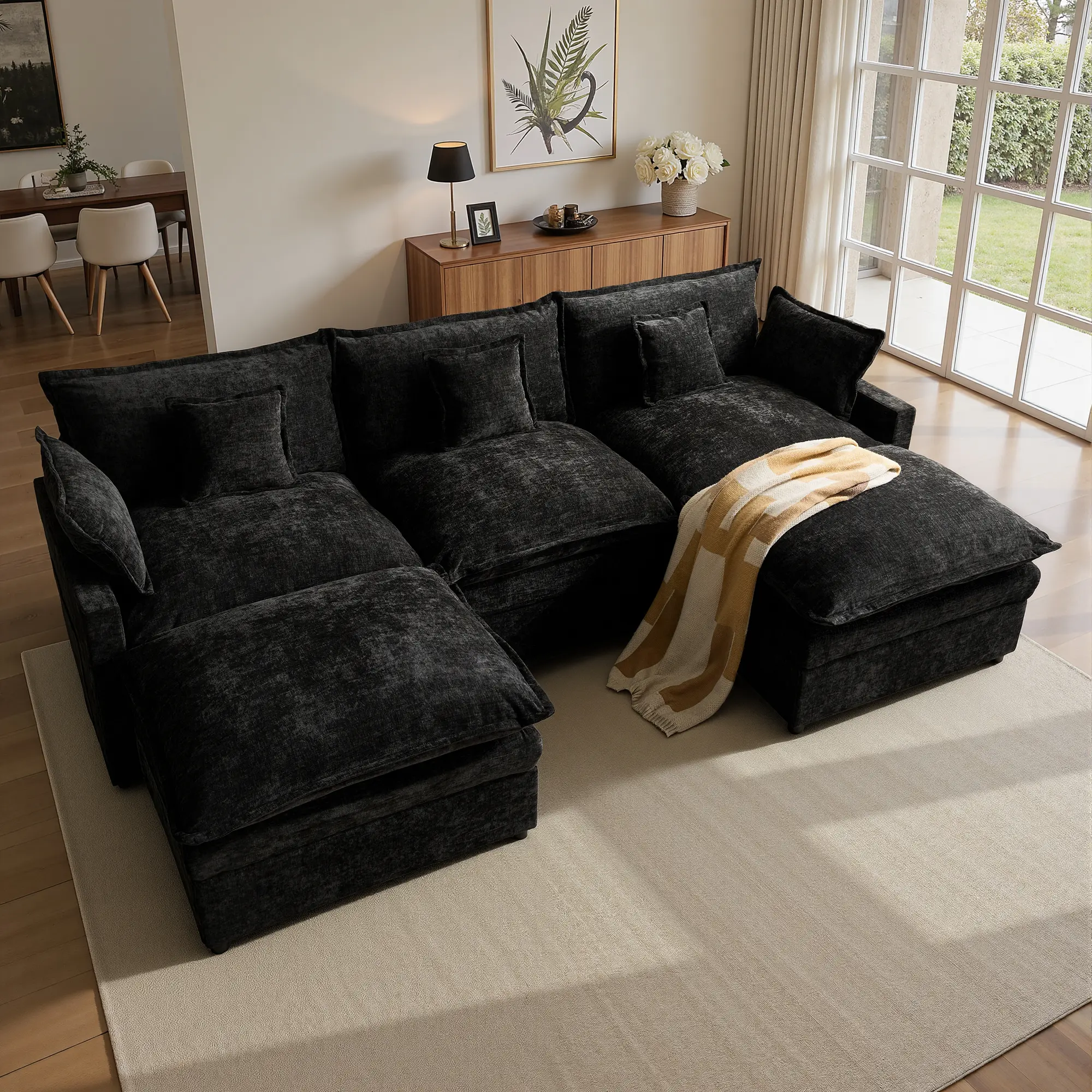 108" Black Chenille U Shaped with 2 Ottoman