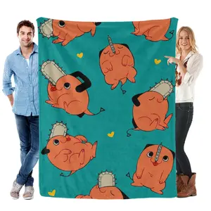 Chainsaw Man Pochita Pattern Flannel Blanket Adorable with Cute Pochita Poses Chainsaw Details & Yellow Hearts on Teal Backdrop for Anime Fans Bohemian Gingerbread Cookie native father Gryffindor Cartoon Throw Flouncy bookish cosy garage guy gift