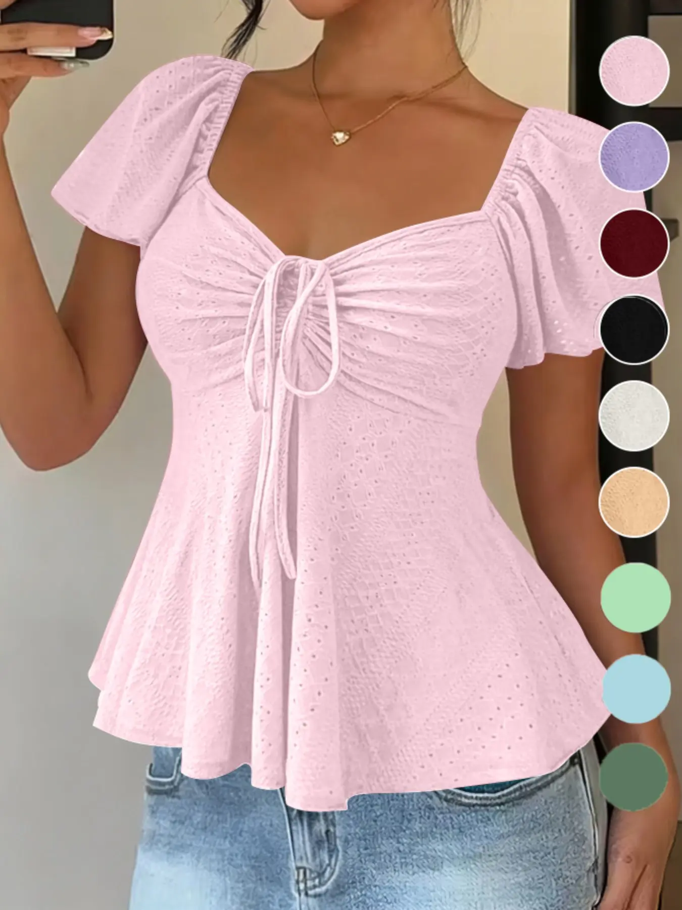 Women's Sweet Cute Style Fashion Breathable Lightweight Short Sleeve Top Boho Loose Blouse for Daily, Everyday Wear, Summer Casual Wear, Comfortable and Stylish Shirts