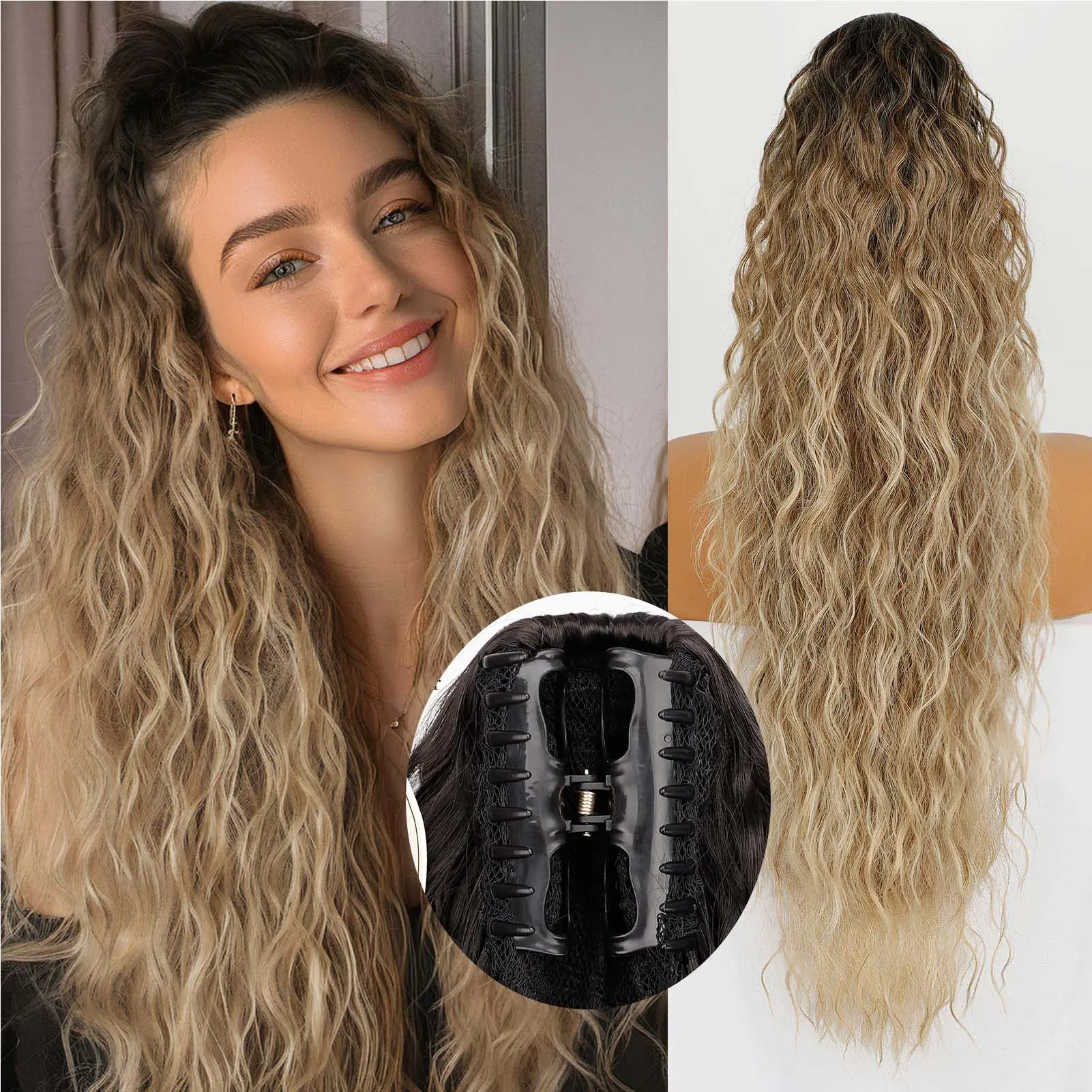 HMD Water Wave Ponytail Extension for Women, 18-30 Inch Long Synthetic Hairpiece with Claw Clip and Drawstring, Fluffy Curls for Casual Daily Use, Synthetic Hair Pieces, Ponytail Hairstyles, Hair Extension, Extensions Hair