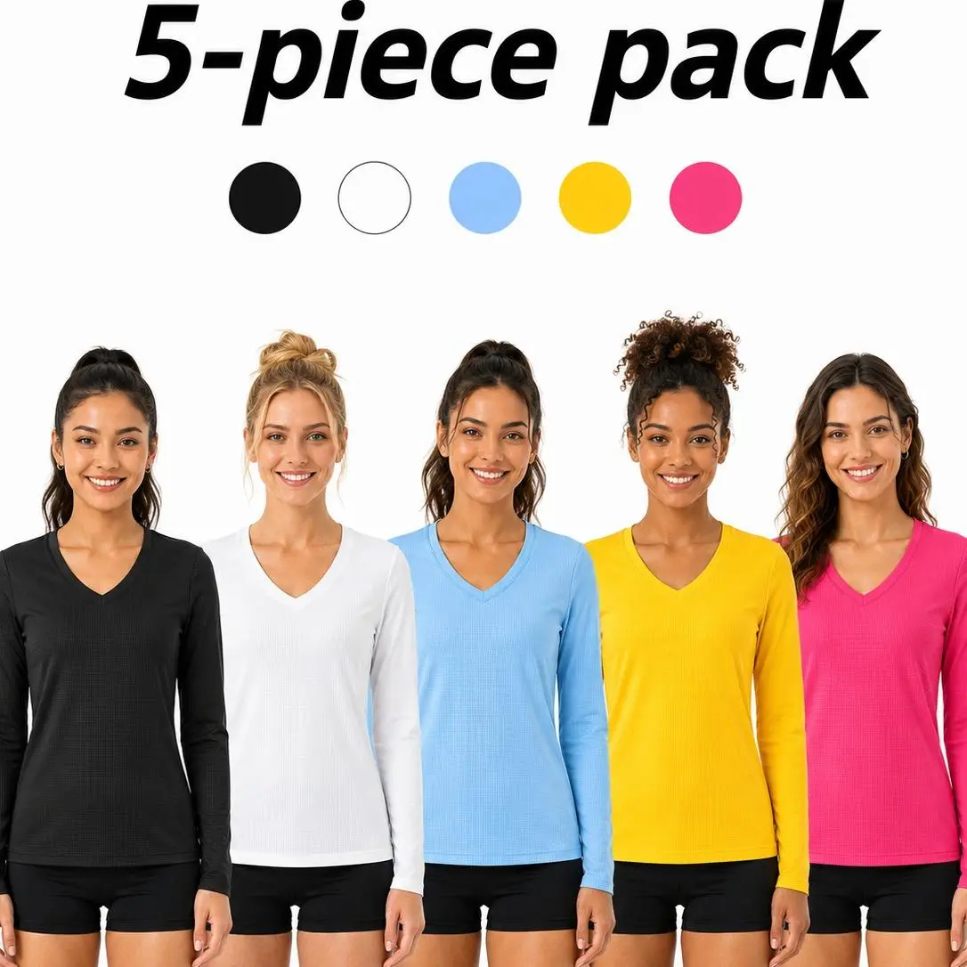 5 Pack Women's Tracksuit Set, V Neck Long Sleeve Quick Dry Workout Shirts, Lightweight Breathable Athletic Tops for Gym Running Fitness Training & Daily Wear