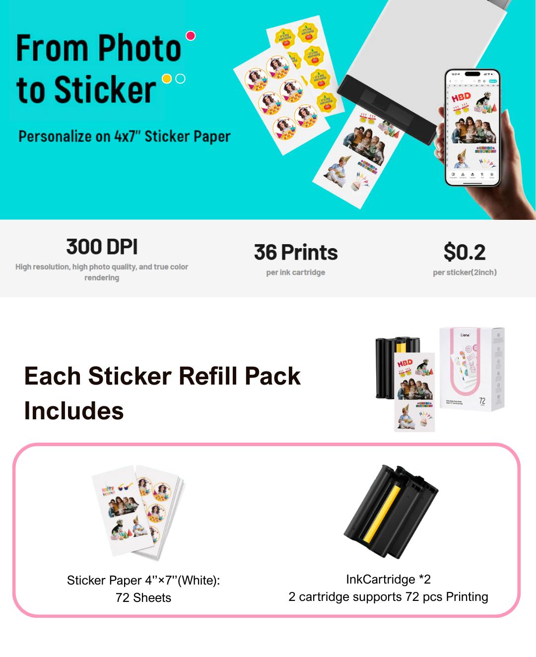 Liene Sticker Paper & Cartridge (Enhanced Adhesion Version) - 2 Ink Cartridge Refills & 72 Sheets 4x7" Photo Paper, Dye Sublimation Waterproof, Compatible with Liene PixCut S1
